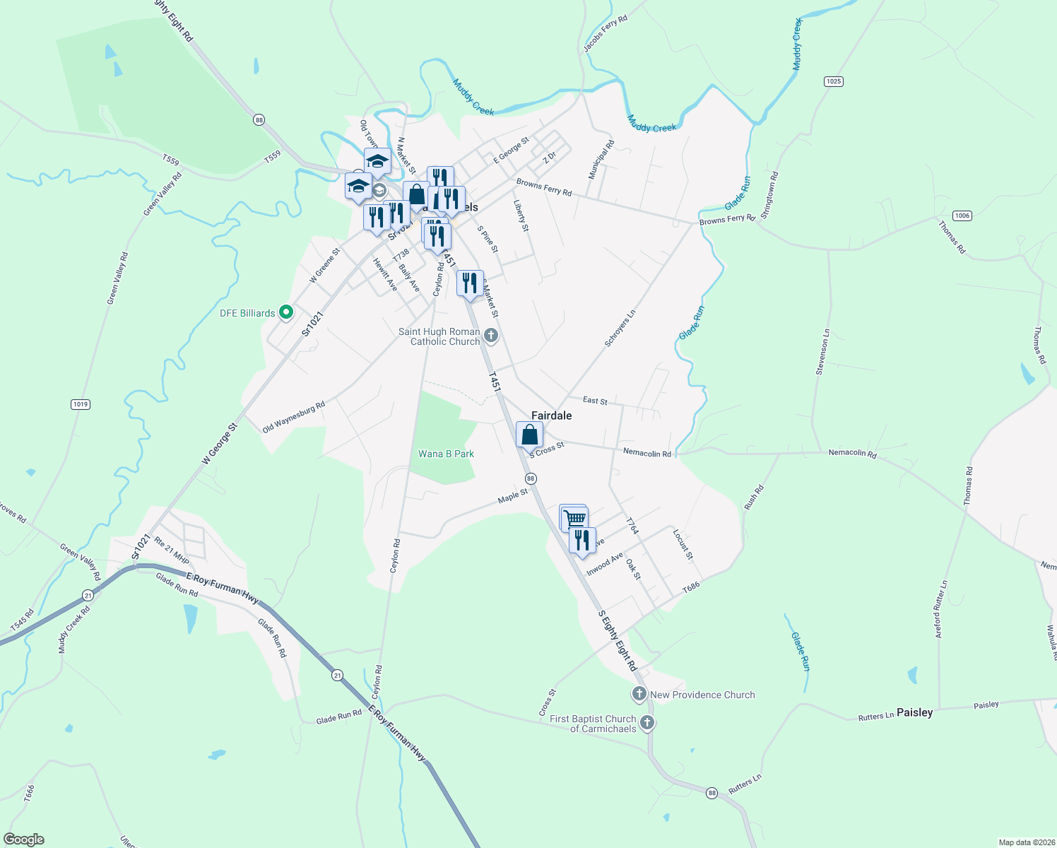 map of restaurants, bars, coffee shops, grocery stores, and more near 125 Nemacolin Road in Carmichaels
