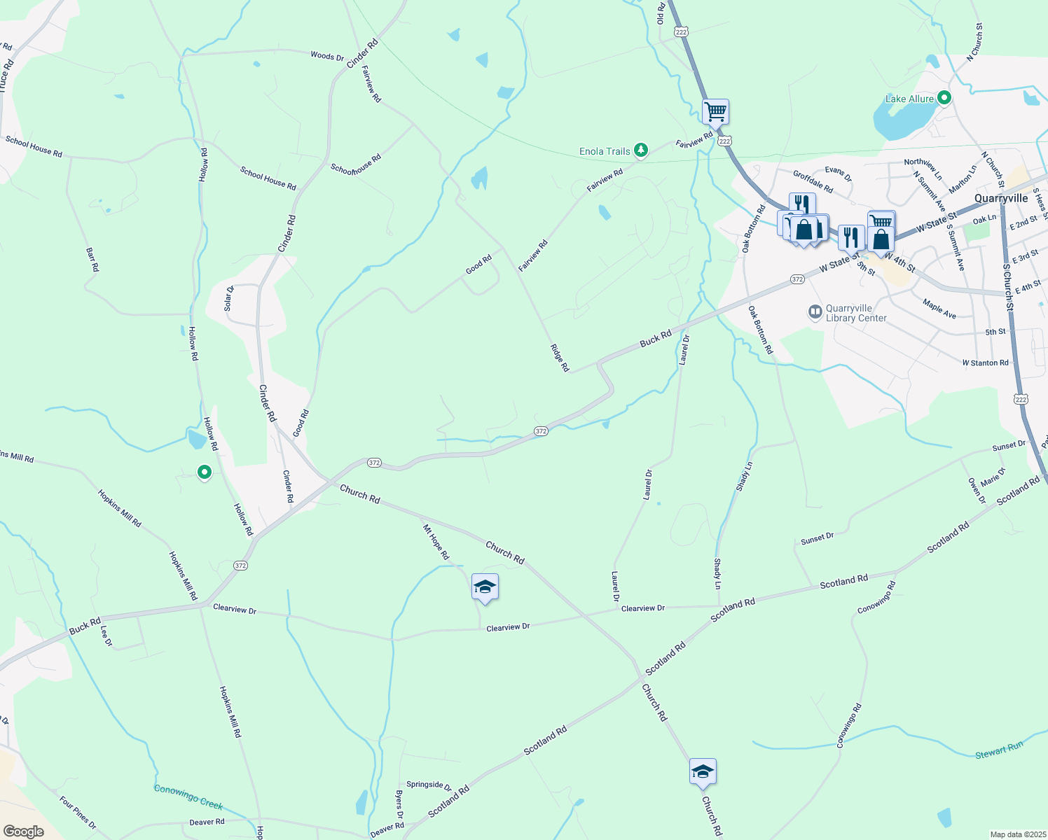 map of restaurants, bars, coffee shops, grocery stores, and more near 594 Buck Road in Quarryville