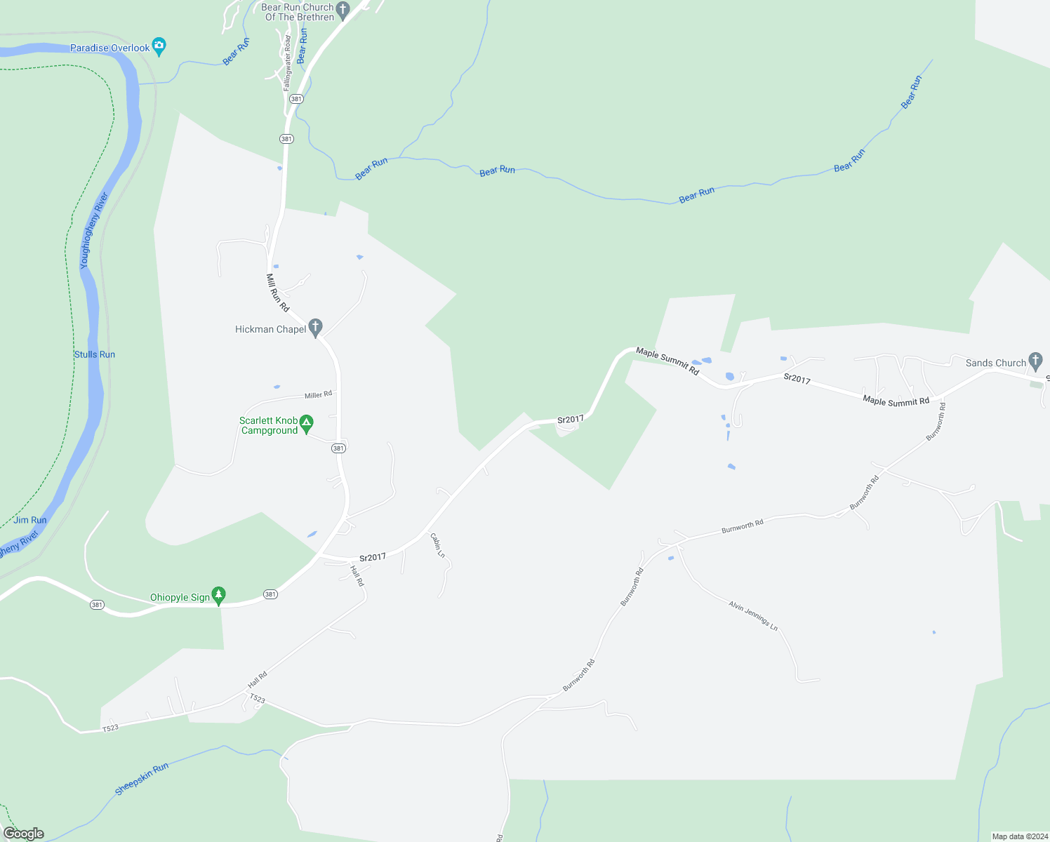map of restaurants, bars, coffee shops, grocery stores, and more near Maple Summit Road in Fayette County
