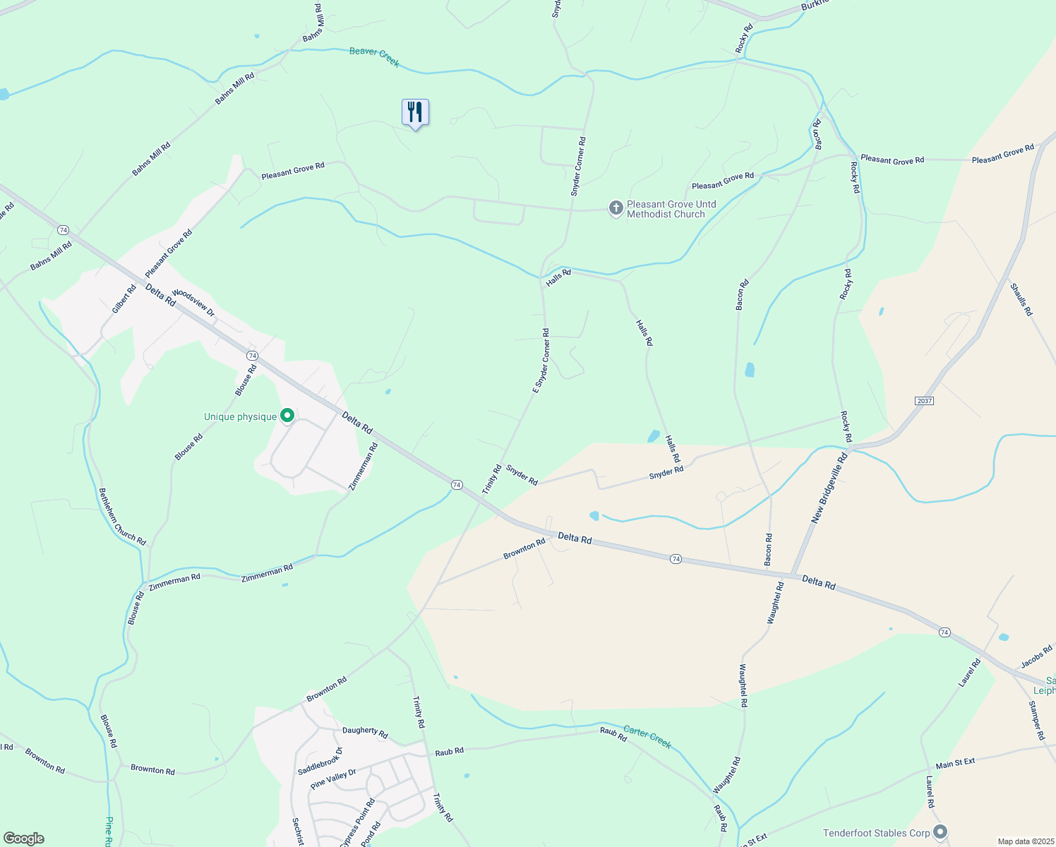 map of restaurants, bars, coffee shops, grocery stores, and more near 325 E Snyder Corner Rd in Red Lion