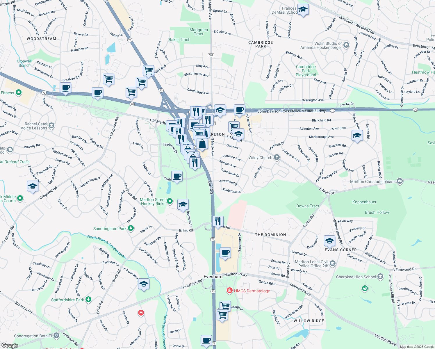 map of restaurants, bars, coffee shops, grocery stores, and more near 61 South Maple Avenue in Marlton