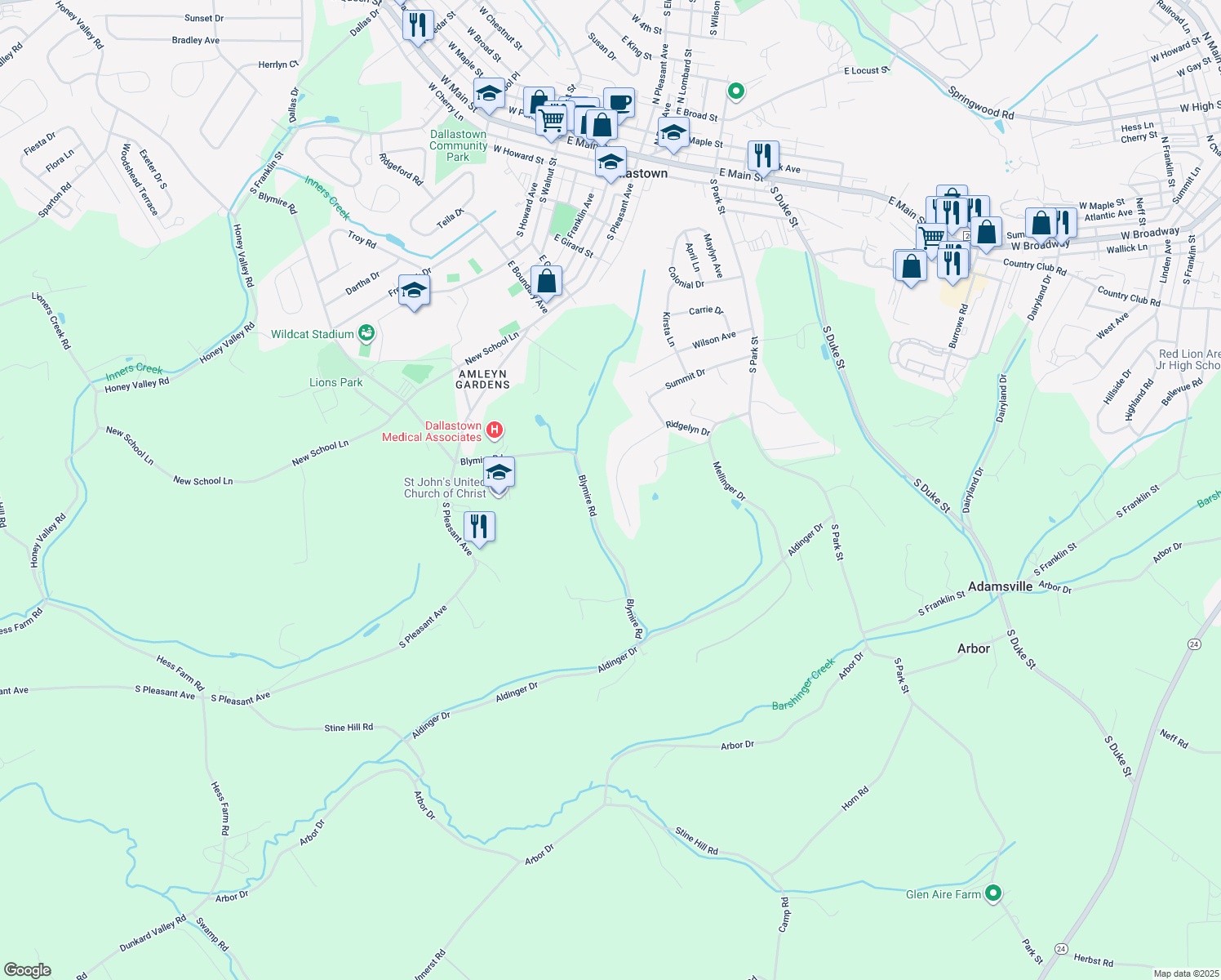 map of restaurants, bars, coffee shops, grocery stores, and more near 772 Ridgelyn Drive in Dallastown