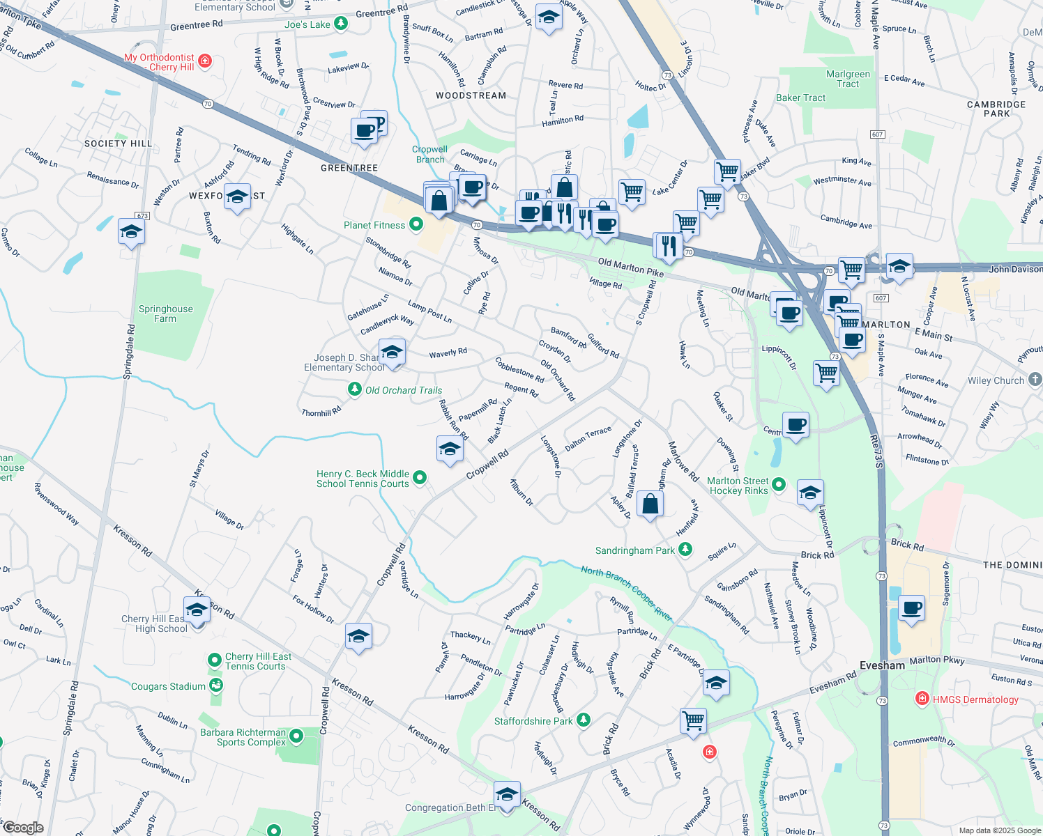 map of restaurants, bars, coffee shops, grocery stores, and more near 6 Jordan Court in Cherry Hill