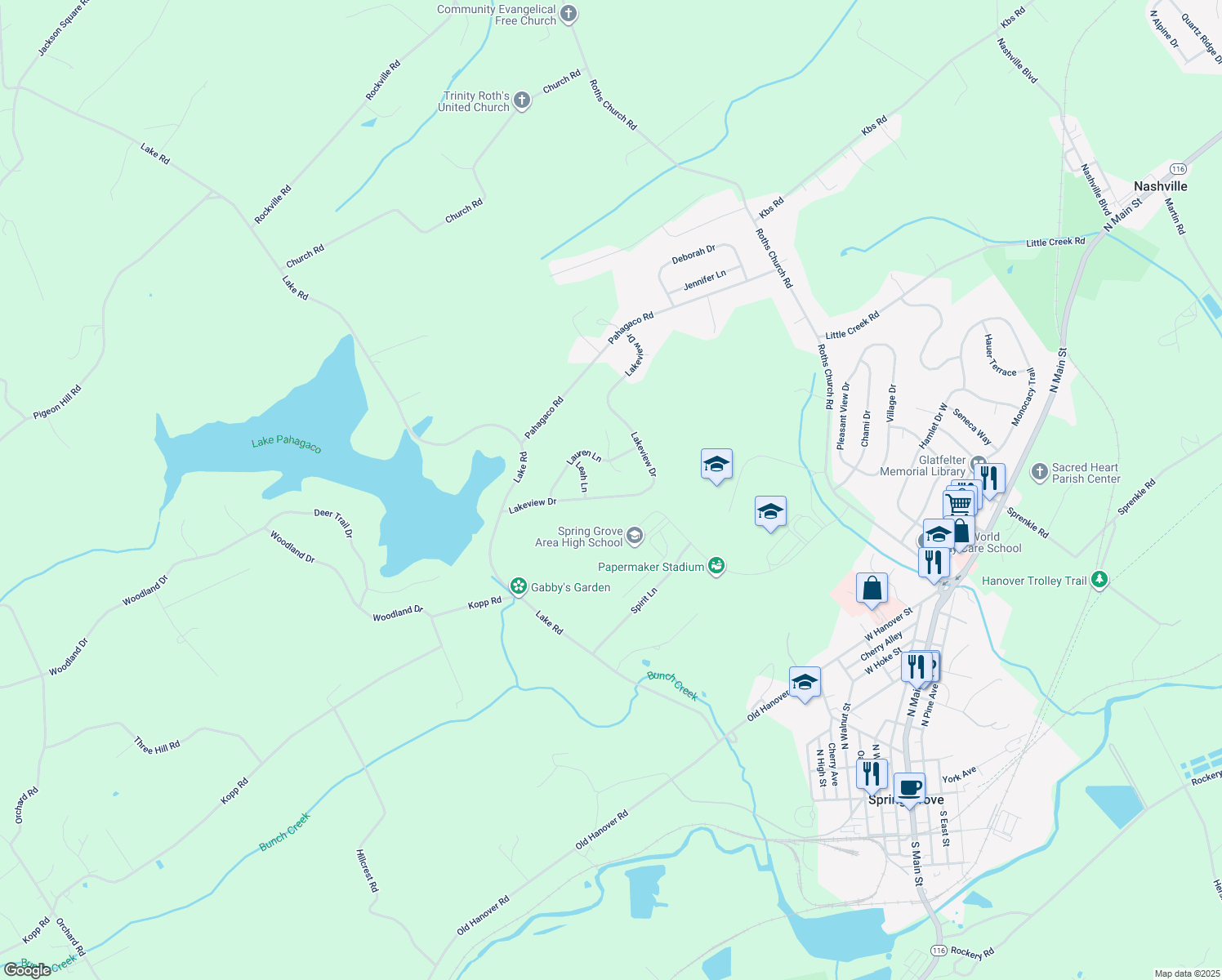 map of restaurants, bars, coffee shops, grocery stores, and more near 440 Lakeview Drive in Spring Grove