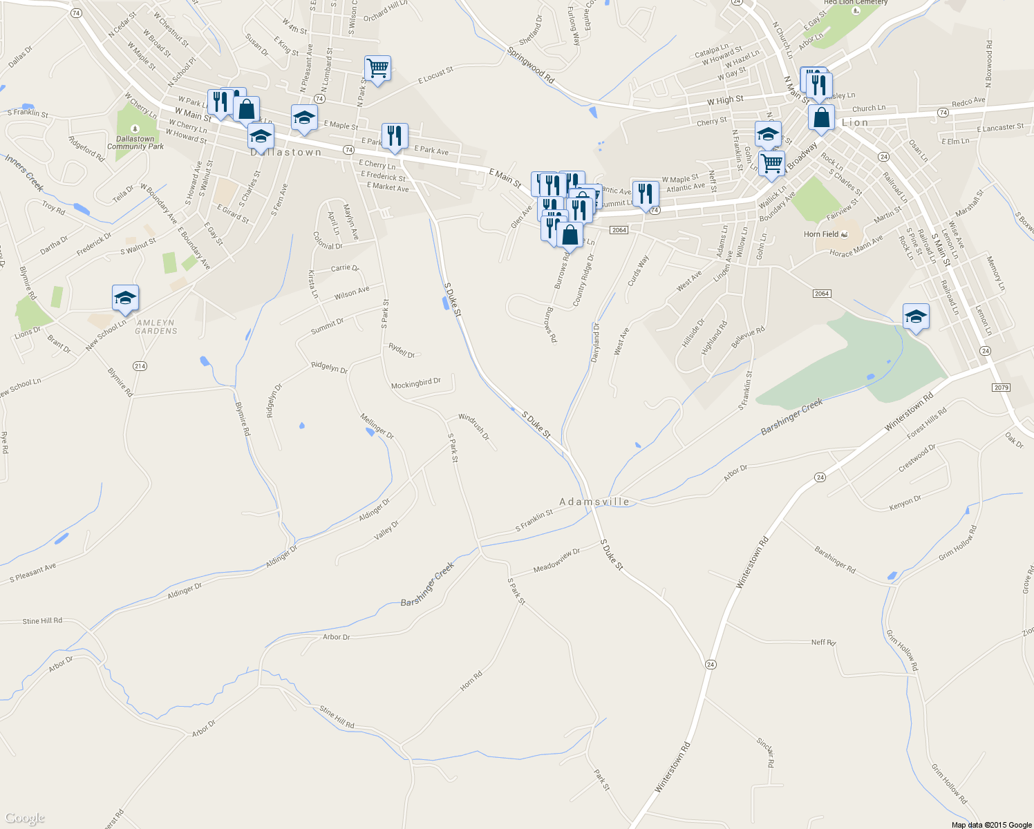 map of restaurants, bars, coffee shops, grocery stores, and more near 420 South Duke Street in Dallastown