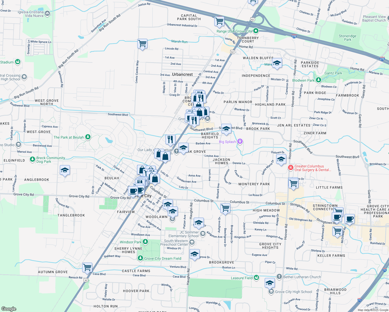 map of restaurants, bars, coffee shops, grocery stores, and more near 3091 Louise Avenue in Grove City