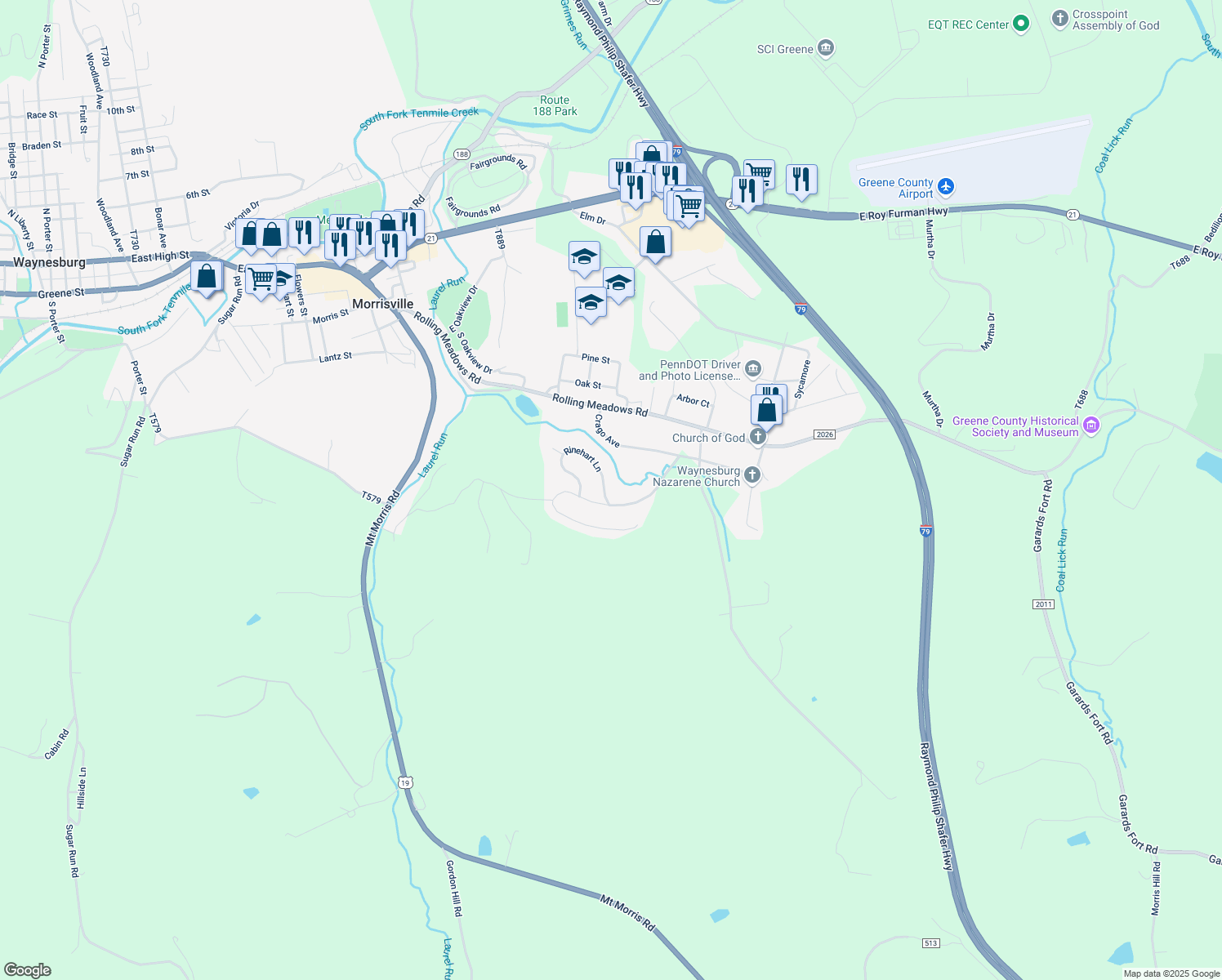 map of restaurants, bars, coffee shops, grocery stores, and more near 26 Rinehart Lane in Waynesburg