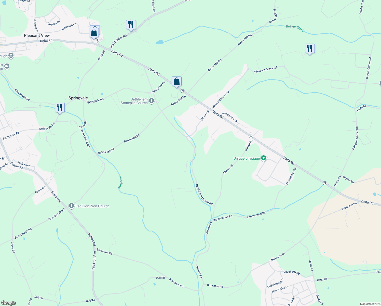 map of restaurants, bars, coffee shops, grocery stores, and more near 500 Bethlehem Church Road in Red Lion