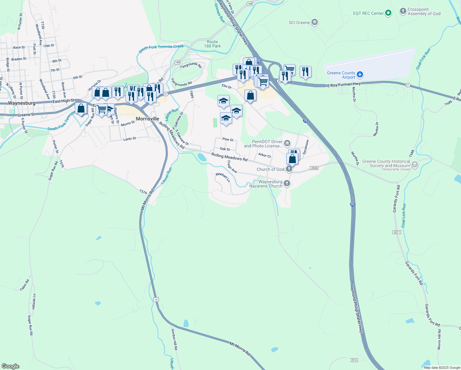 map of restaurants, bars, coffee shops, grocery stores, and more near 26 Rinehart Lane in Waynesburg