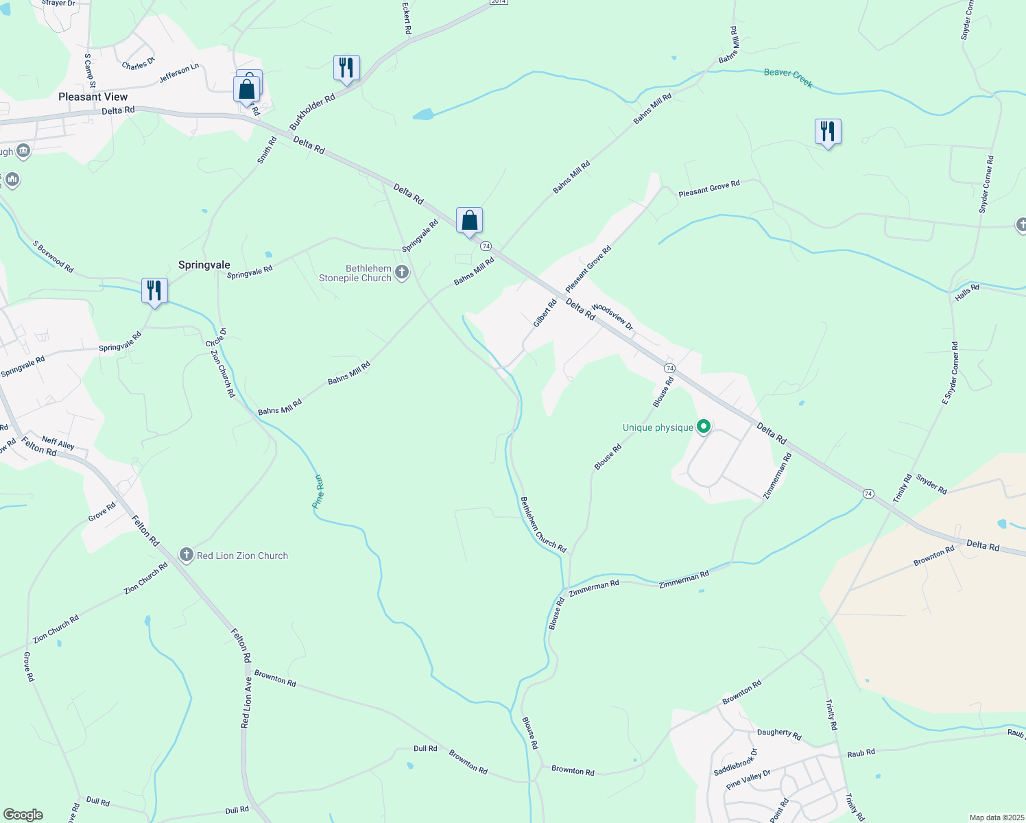 map of restaurants, bars, coffee shops, grocery stores, and more near 500 Bethlehem Church Road in Red Lion