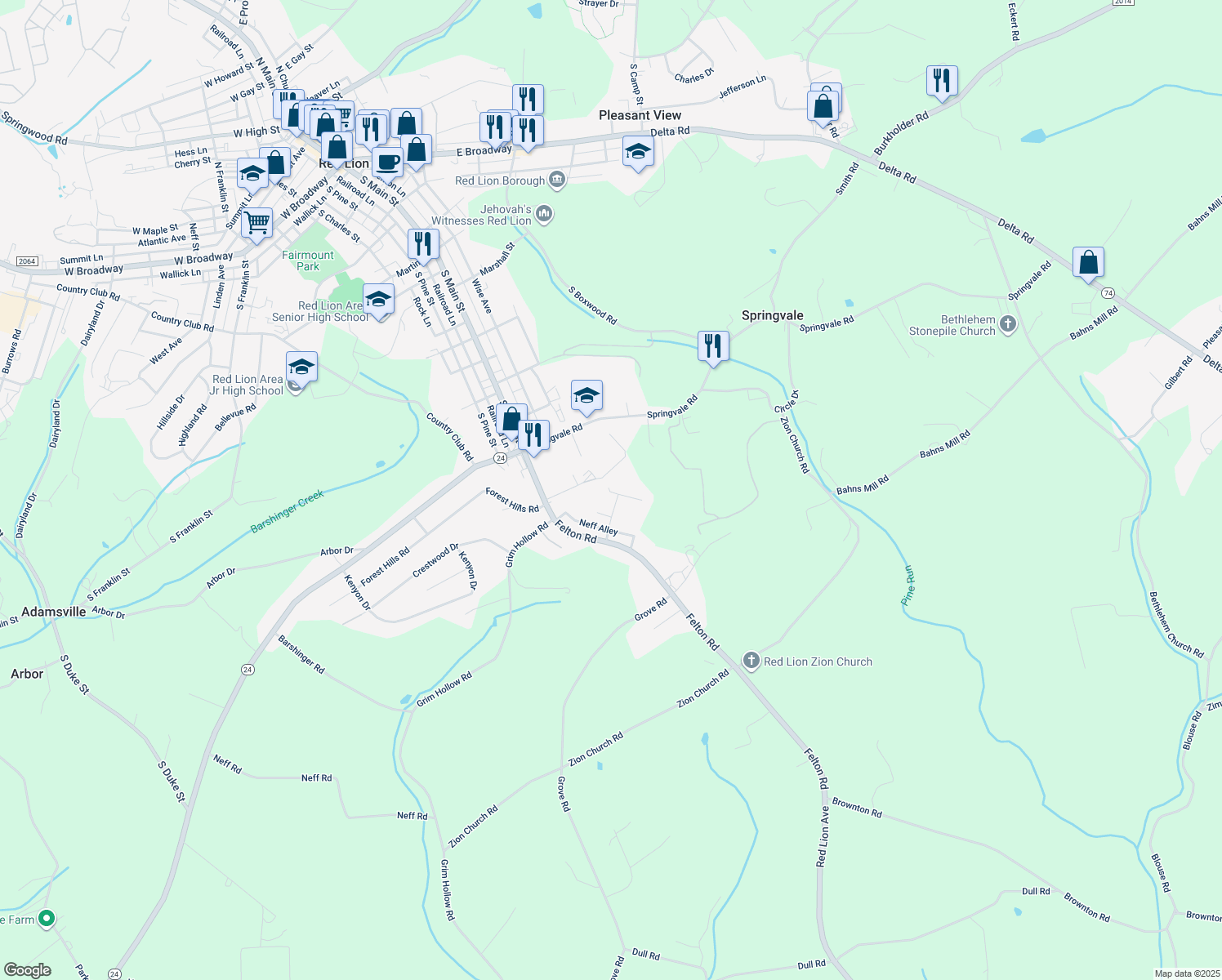 map of restaurants, bars, coffee shops, grocery stores, and more near 940 Railroad Ave in Red Lion