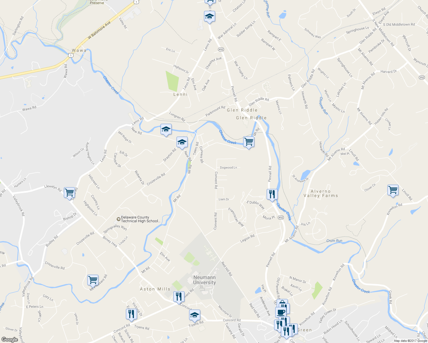 map of restaurants, bars, coffee shops, grocery stores, and more near 628 Convent Road in Aston
