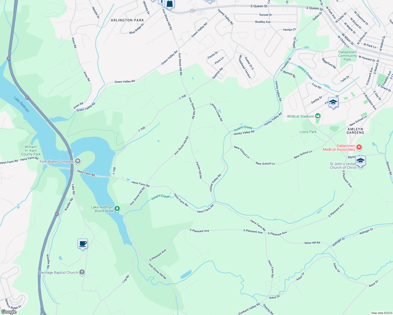 map of restaurants, bars, coffee shops, grocery stores, and more near 3049 Ferree Hill Road in York