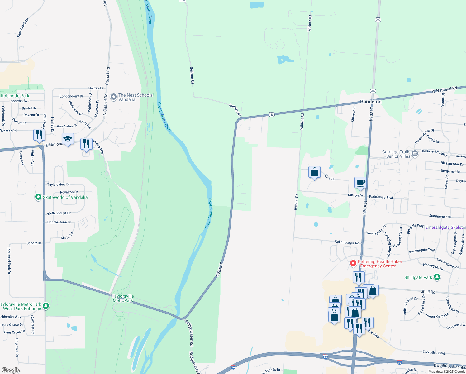 map of restaurants, bars, coffee shops, grocery stores, and more near 2317 West National Road in Tipp City