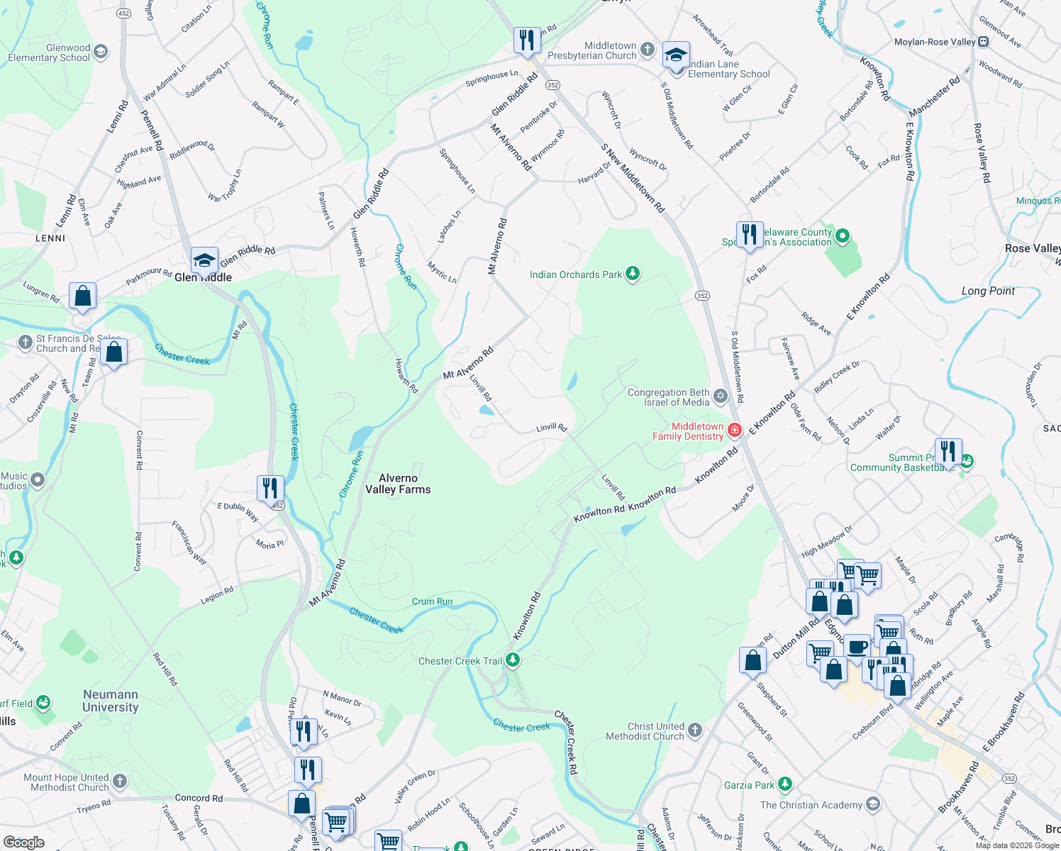 map of restaurants, bars, coffee shops, grocery stores, and more near 469 Linvill Road in Media