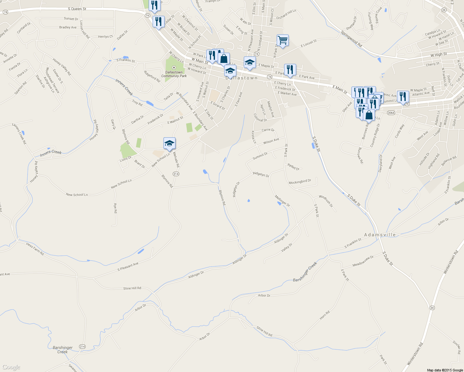 map of restaurants, bars, coffee shops, grocery stores, and more near 754 Ridgelyn Drive in Dallastown