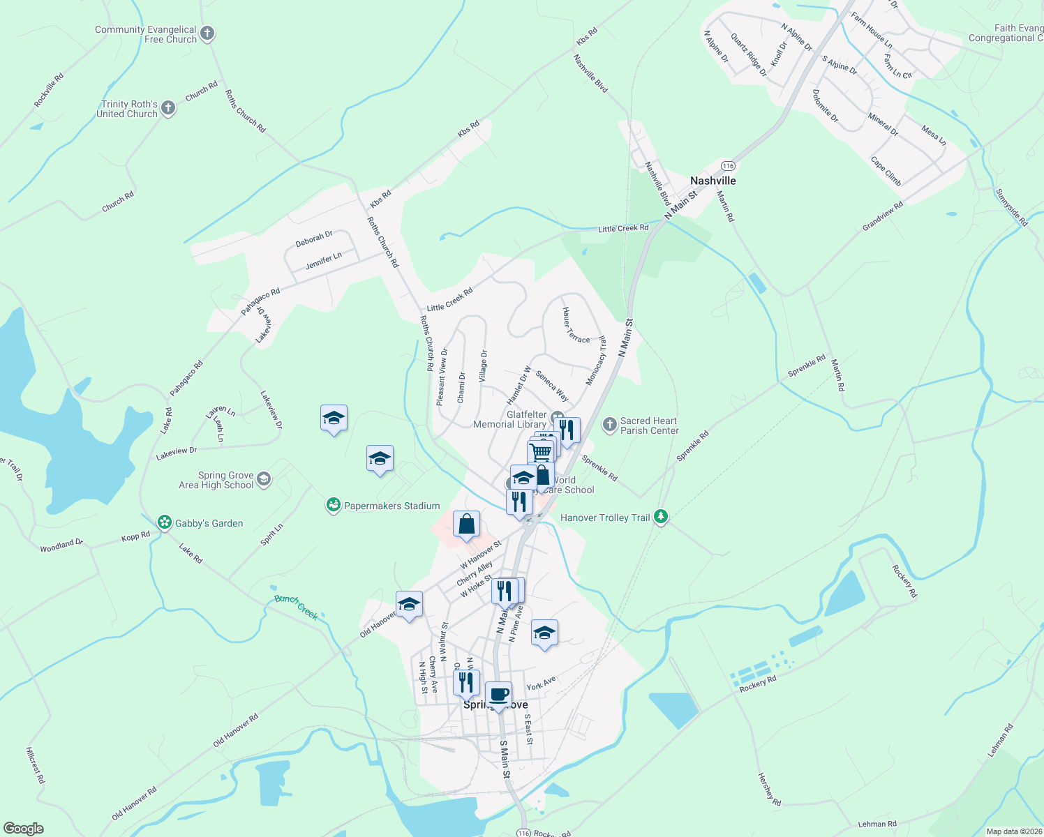 map of restaurants, bars, coffee shops, grocery stores, and more near 424 Spring Forge Drive in Spring Grove