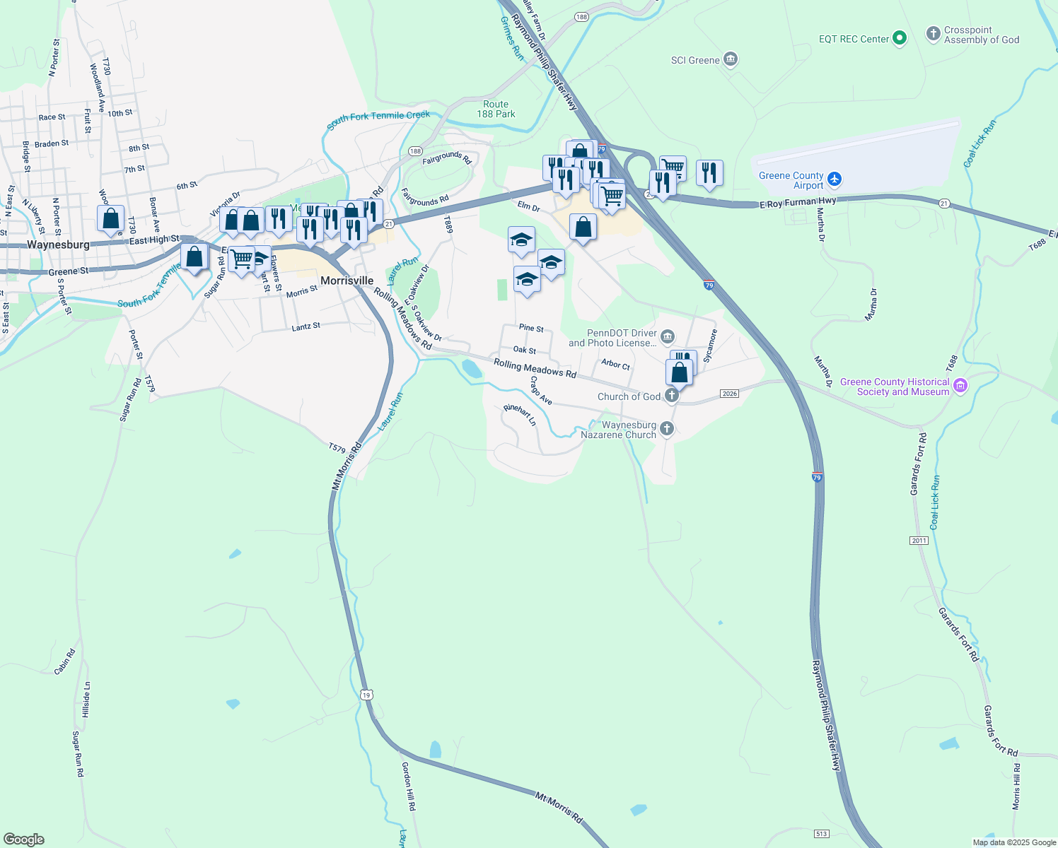 map of restaurants, bars, coffee shops, grocery stores, and more near 45 Rinehart Lane in Waynesburg