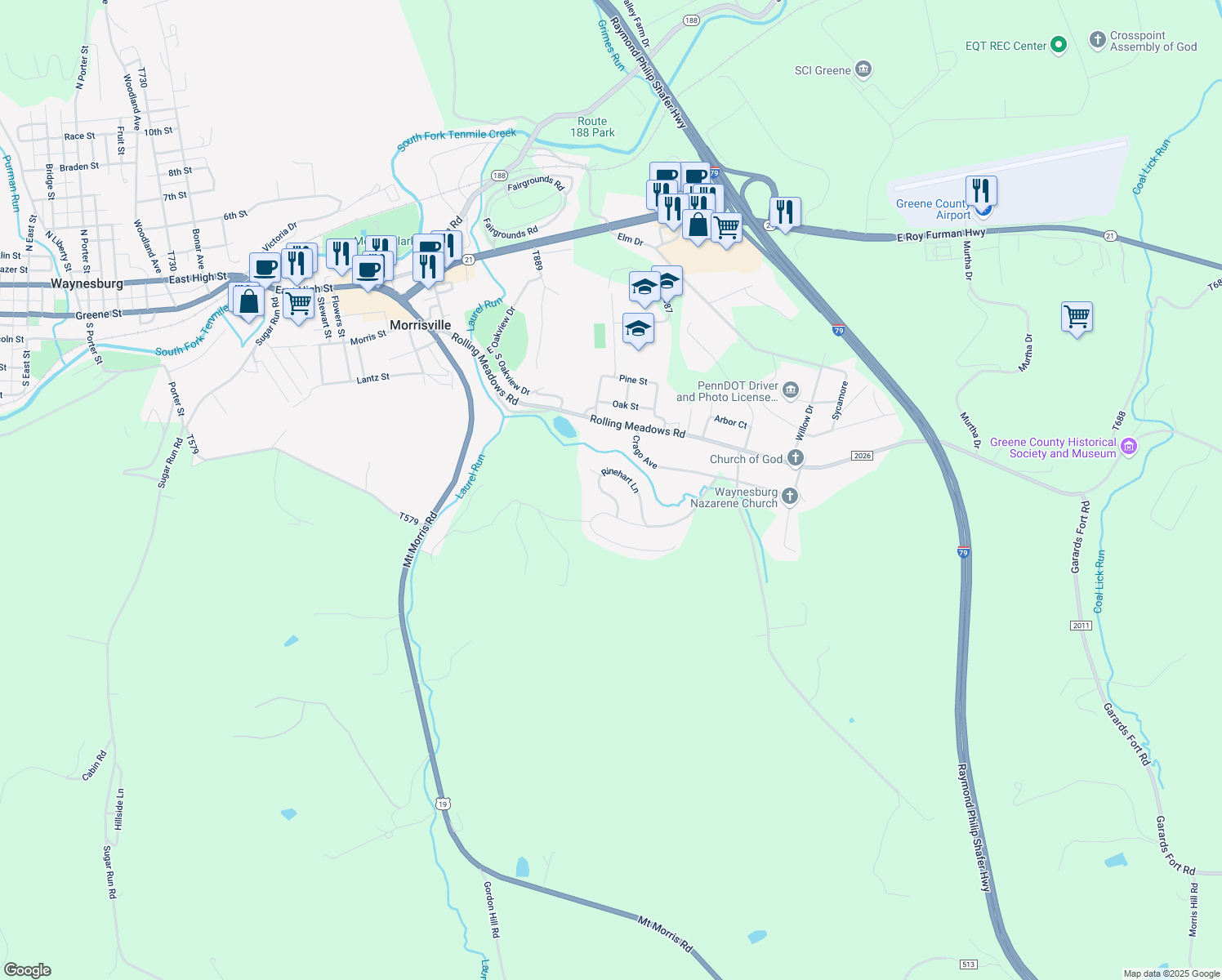 map of restaurants, bars, coffee shops, grocery stores, and more near 45 Rinehart Lane in Waynesburg