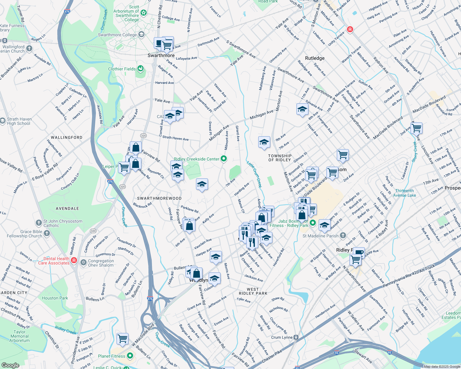 map of restaurants, bars, coffee shops, grocery stores, and more near 352 7th Avenue in Swarthmore