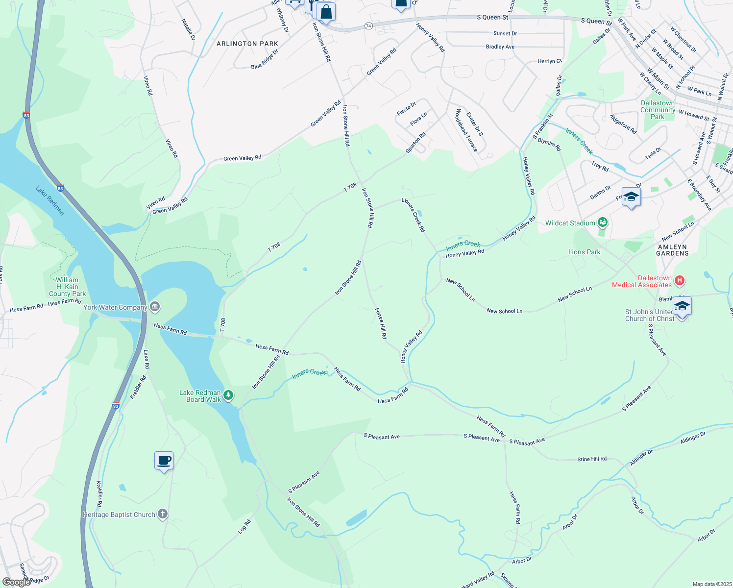 map of restaurants, bars, coffee shops, grocery stores, and more near 3050 Ferree Hill Road in York