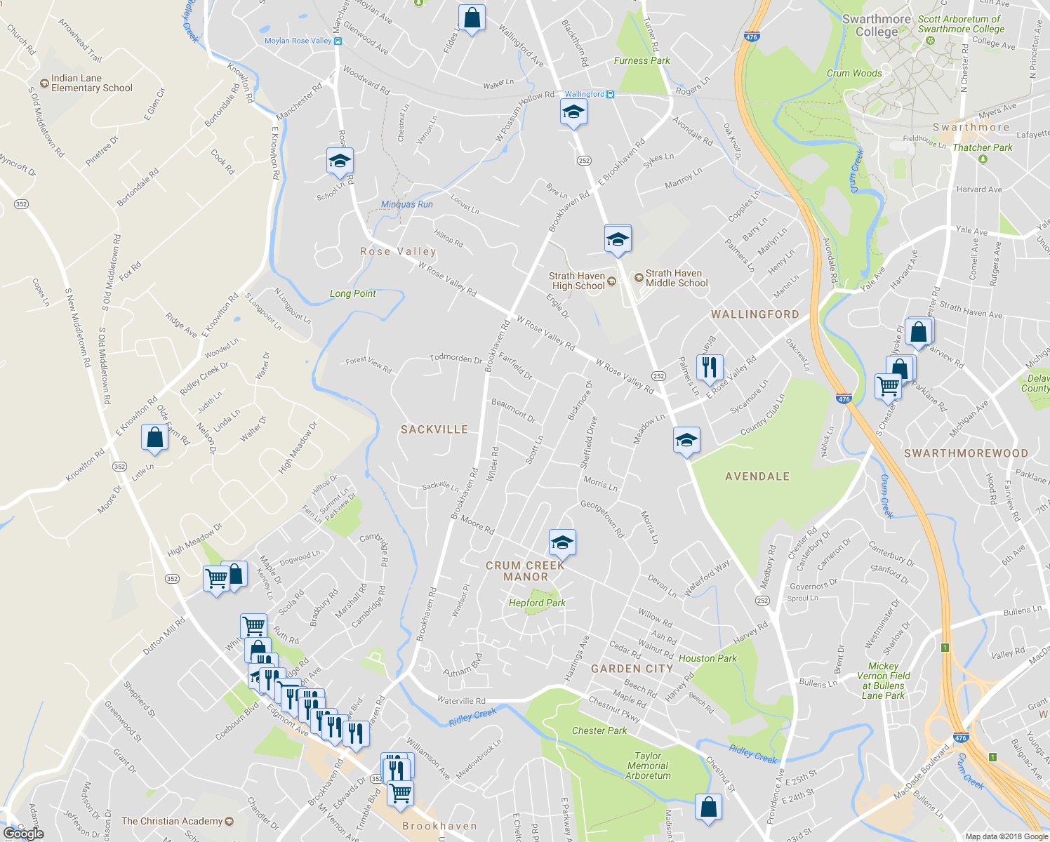 map of restaurants, bars, coffee shops, grocery stores, and more near 211 Beaumont Drive in Nether Providence Township