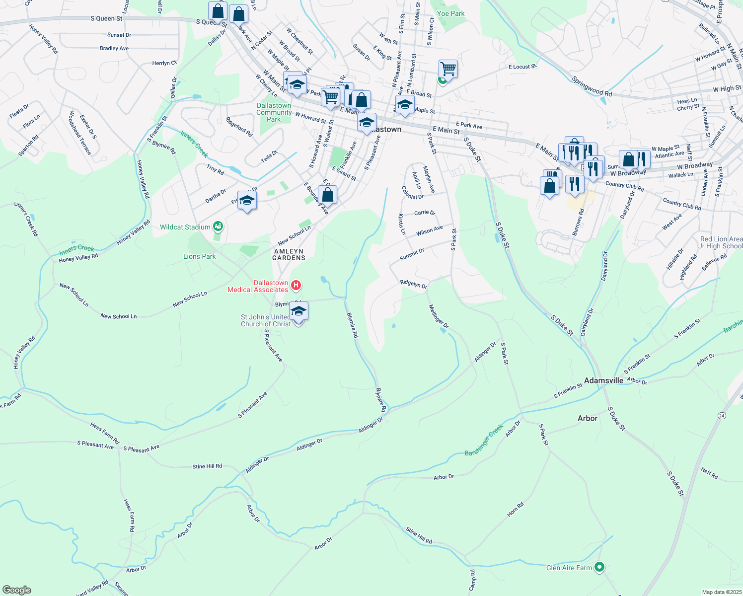 map of restaurants, bars, coffee shops, grocery stores, and more near 746 Ridgelyn Drive in Dallastown