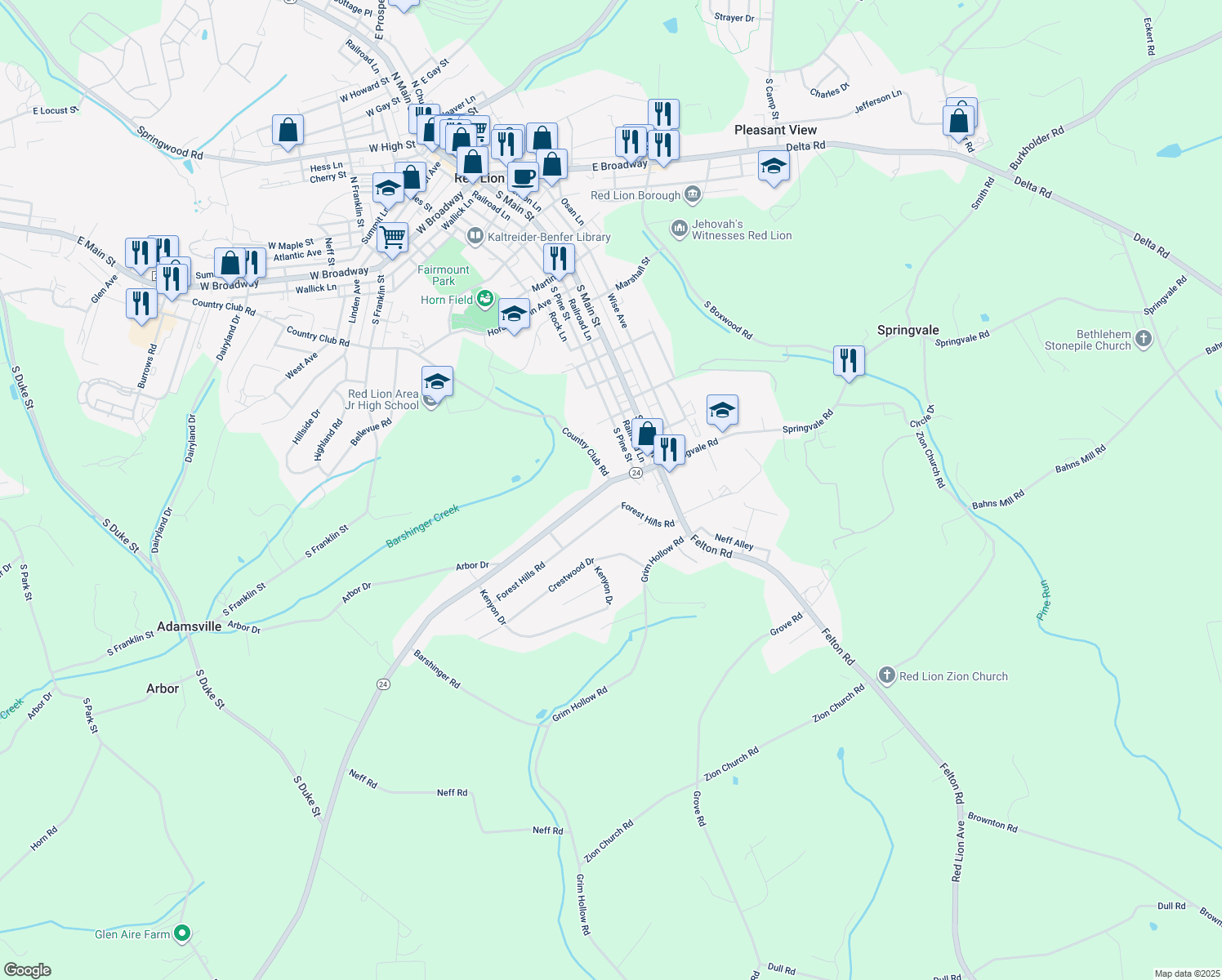 map of restaurants, bars, coffee shops, grocery stores, and more near 104 Winterstown Road in Red Lion