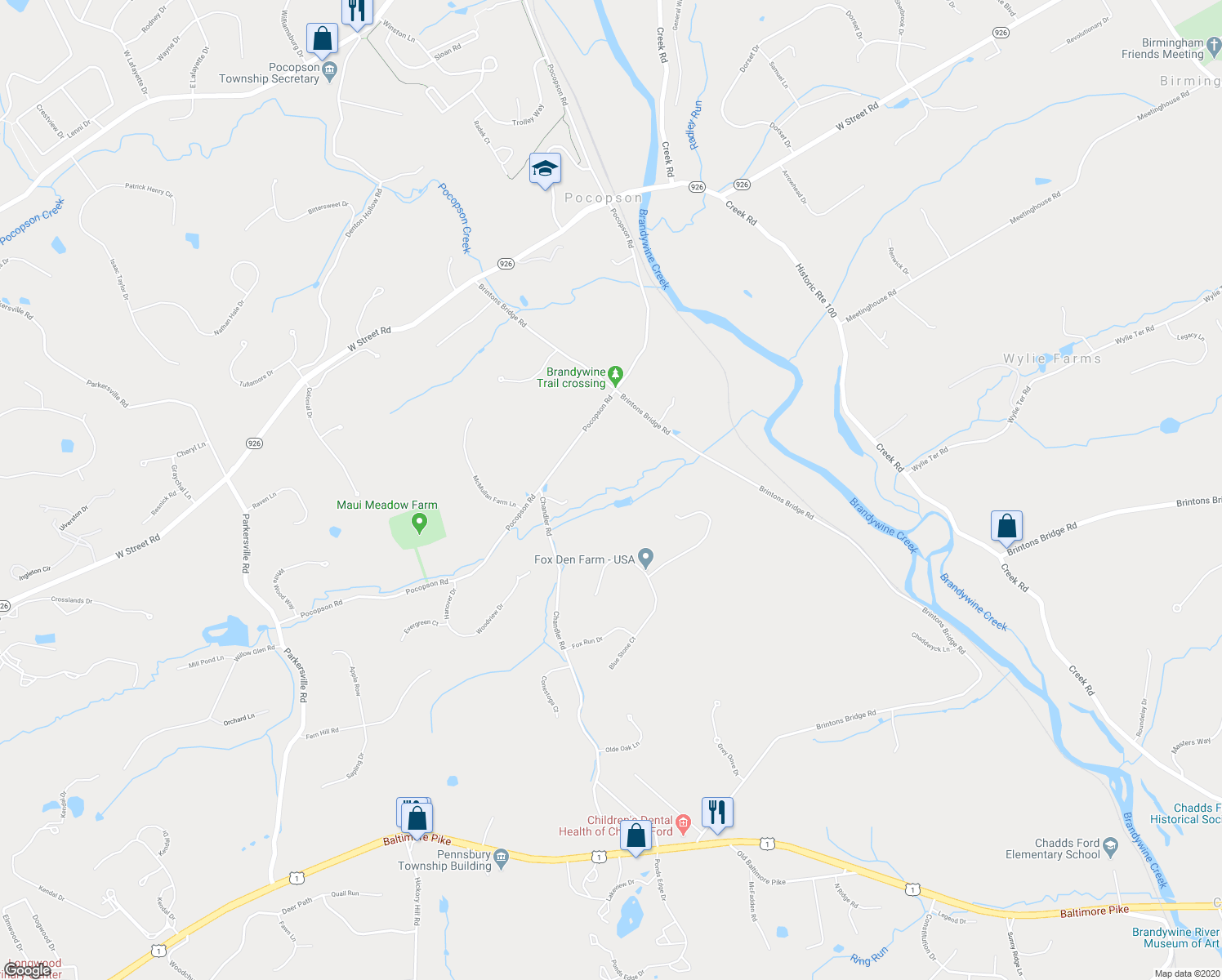 map of restaurants, bars, coffee shops, grocery stores, and more near 1500 Pocopson Road in West Chester
