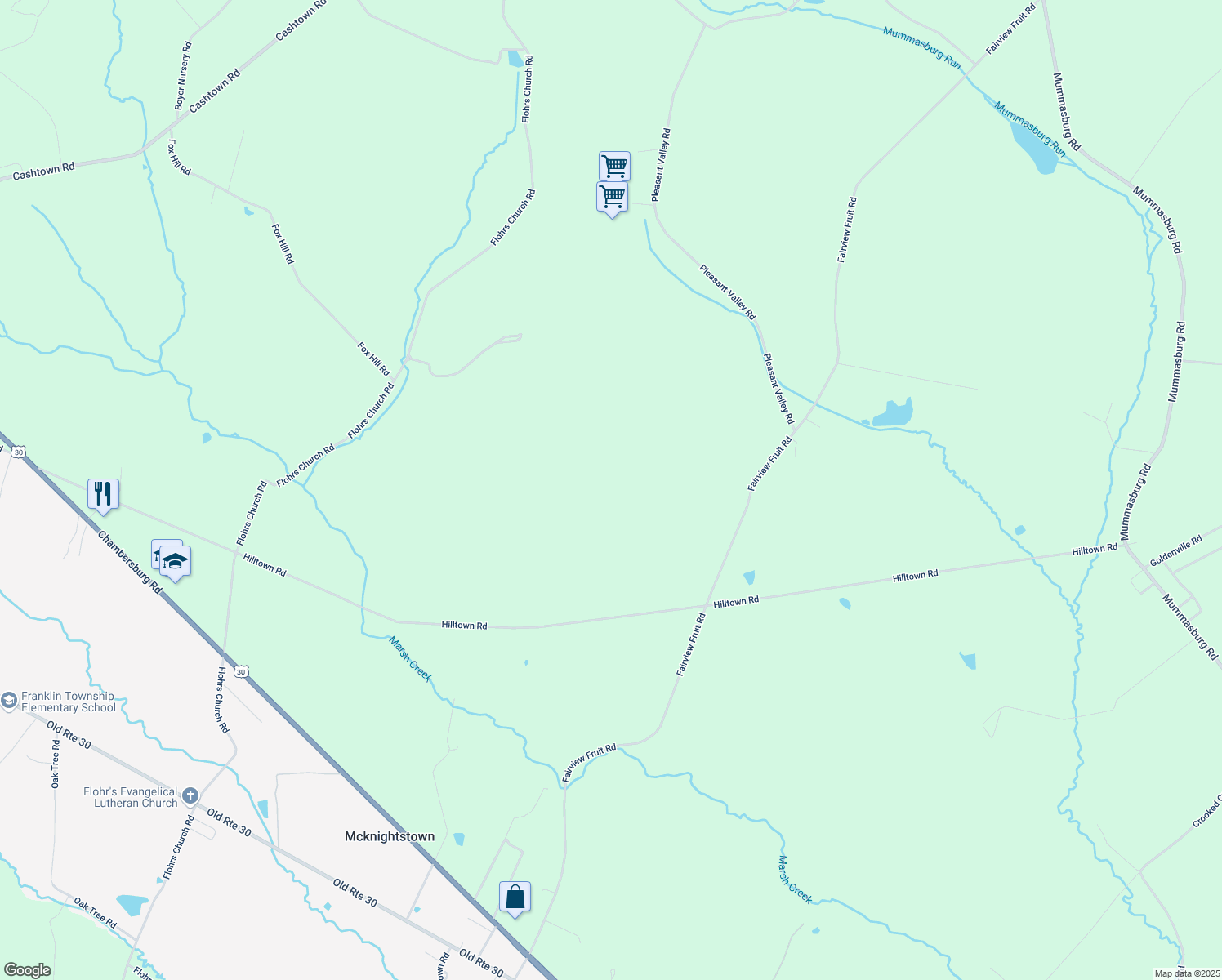 map of restaurants, bars, coffee shops, grocery stores, and more near 675 Hilltown Road in Biglerville