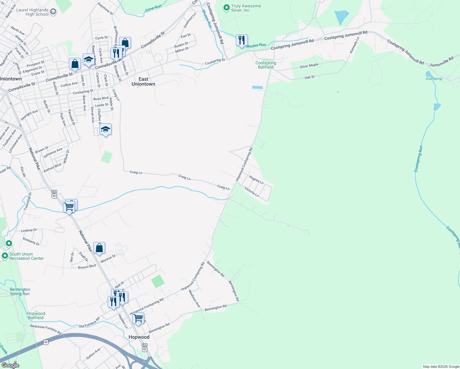 map of restaurants, bars, coffee shops, grocery stores, and more near 349 Hopwood Coolspring Road in Hopwood