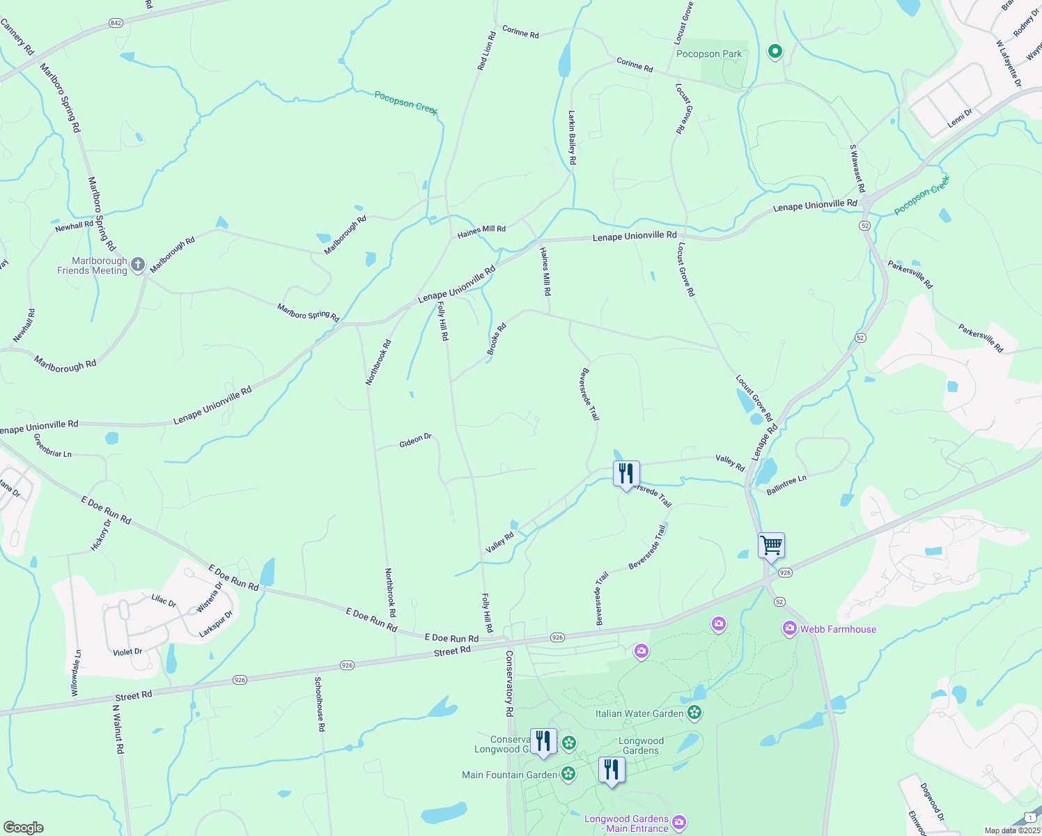 map of restaurants, bars, coffee shops, grocery stores, and more near 1842 Huntsman Ln in West Chester