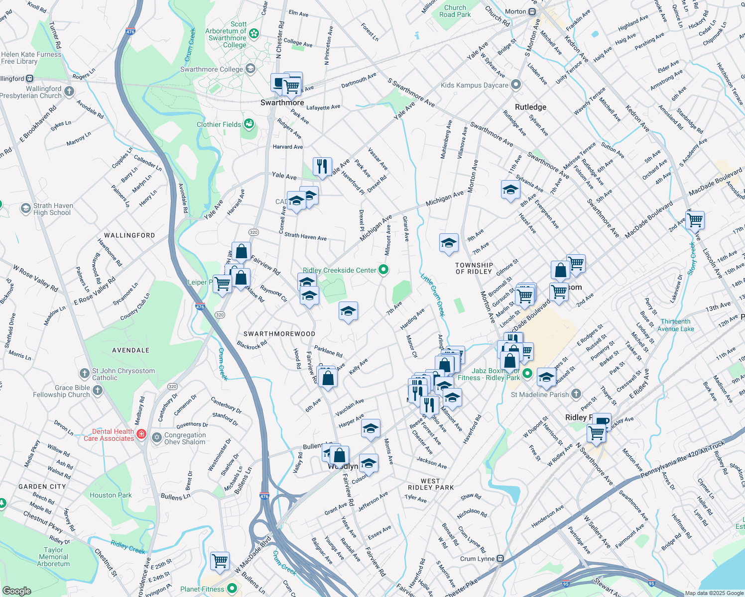 map of restaurants, bars, coffee shops, grocery stores, and more near 727 Milmont Avenue in Swarthmore