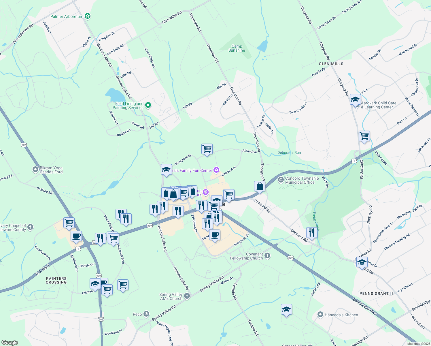map of restaurants, bars, coffee shops, grocery stores, and more near 35 Lacrue Avenue in Glen Mills
