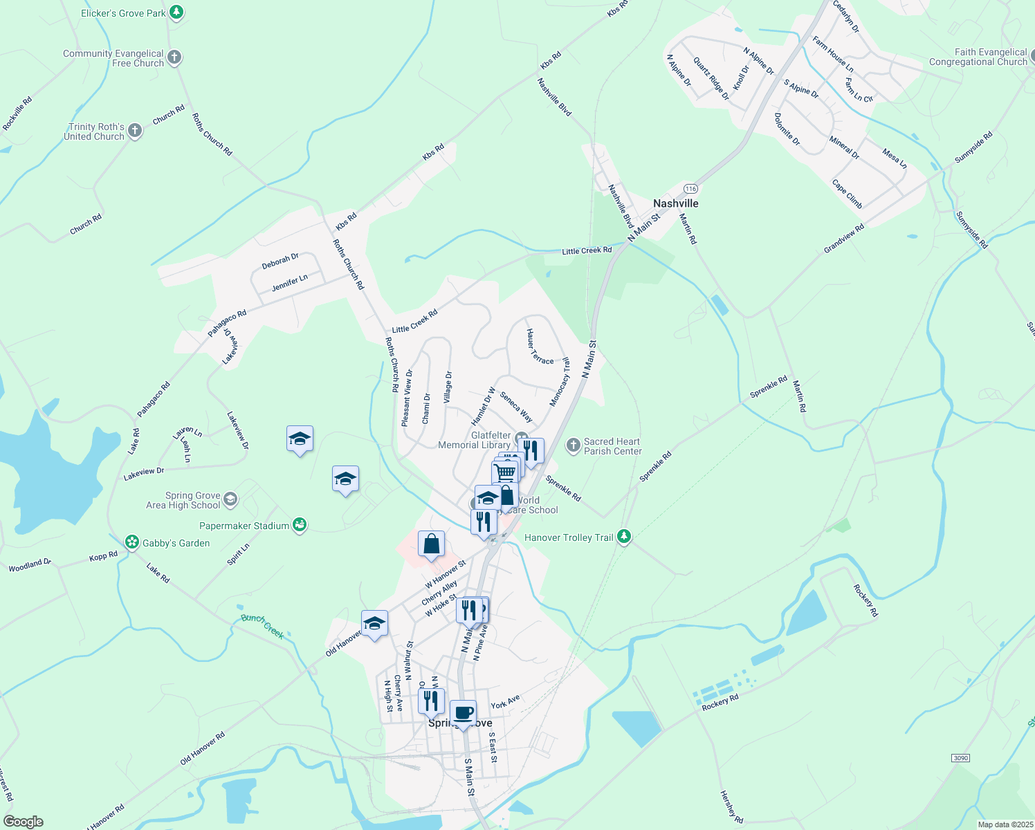map of restaurants, bars, coffee shops, grocery stores, and more near 208 Seneca Way in Spring Grove