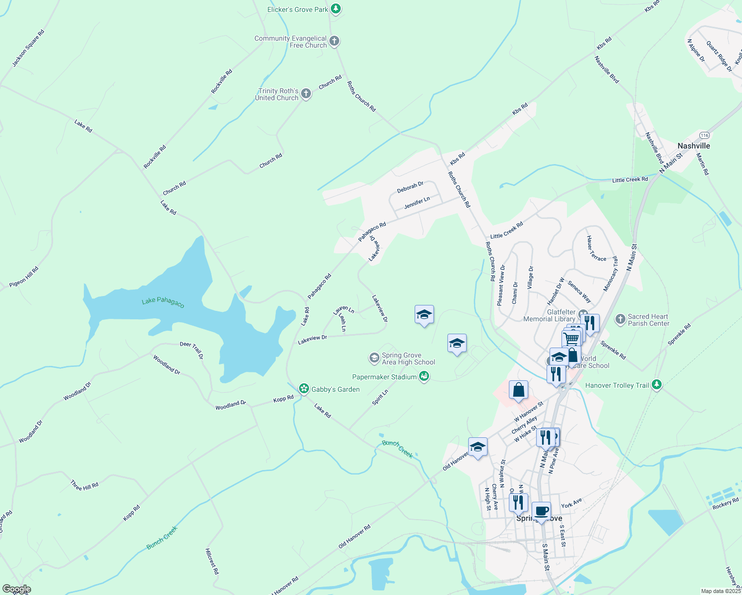map of restaurants, bars, coffee shops, grocery stores, and more near 270 Lakeview Drive in Spring Grove