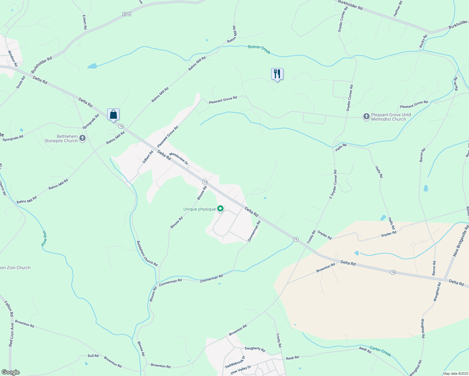 map of restaurants, bars, coffee shops, grocery stores, and more near 1229 Delta Road in Red Lion