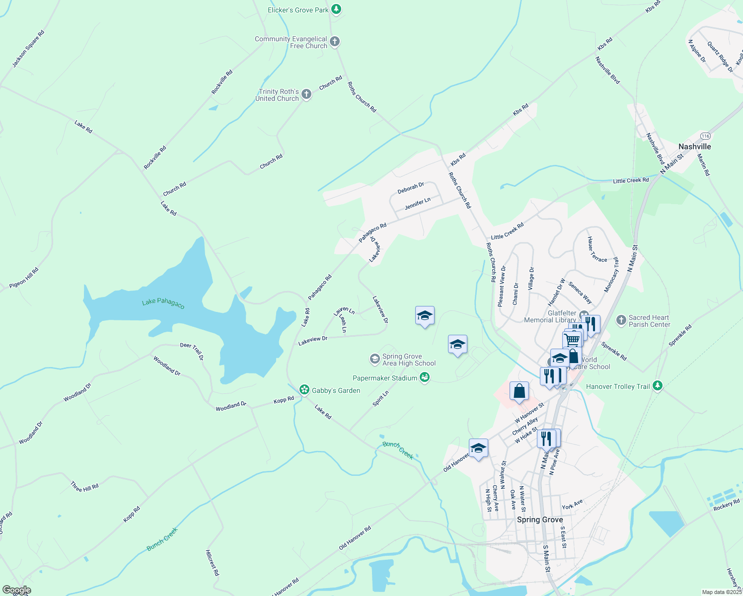 map of restaurants, bars, coffee shops, grocery stores, and more near 270 Lakeview Drive in Spring Grove