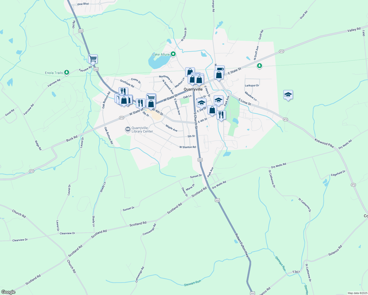 map of restaurants, bars, coffee shops, grocery stores, and more near 205 West Stanton Road in Quarryville