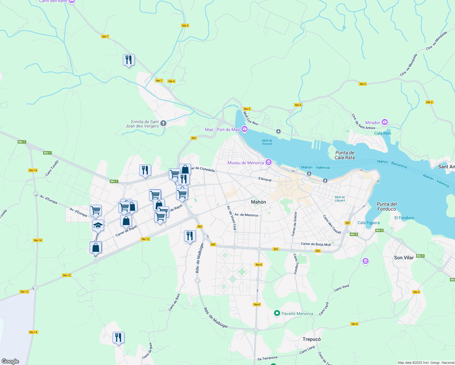 map of restaurants, bars, coffee shops, grocery stores, and more near 55A Camí de ses Vinyes in Maó