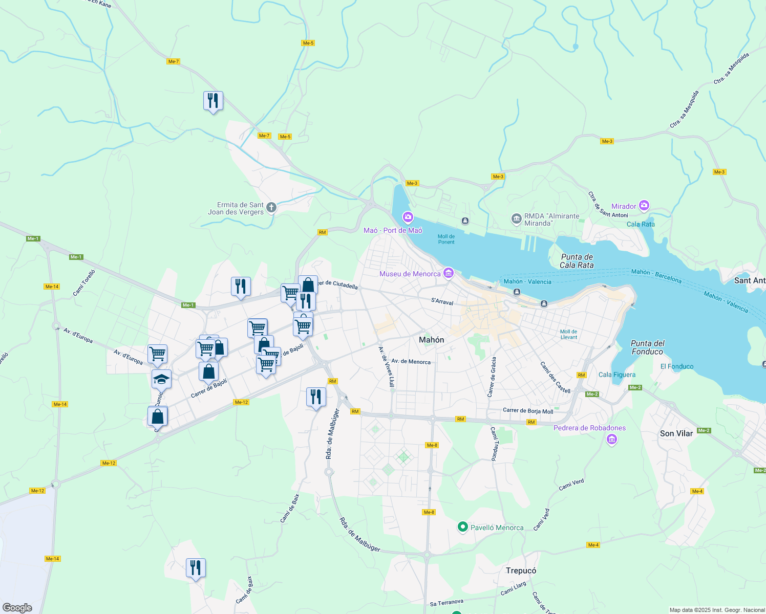 map of restaurants, bars, coffee shops, grocery stores, and more near 55A Camí de ses Vinyes in Maó