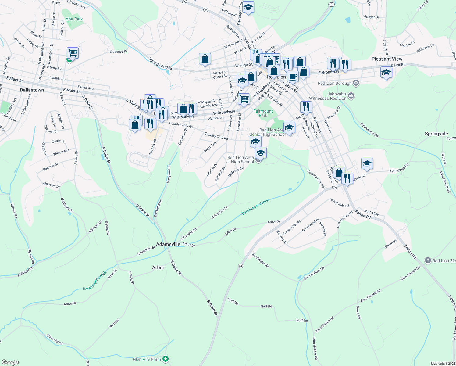 map of restaurants, bars, coffee shops, grocery stores, and more near 414 Bellevue Road in Red Lion