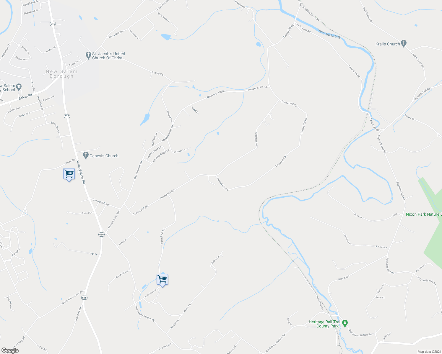 map of restaurants, bars, coffee shops, grocery stores, and more near 3678 Aldinger Road in Seven Valleys