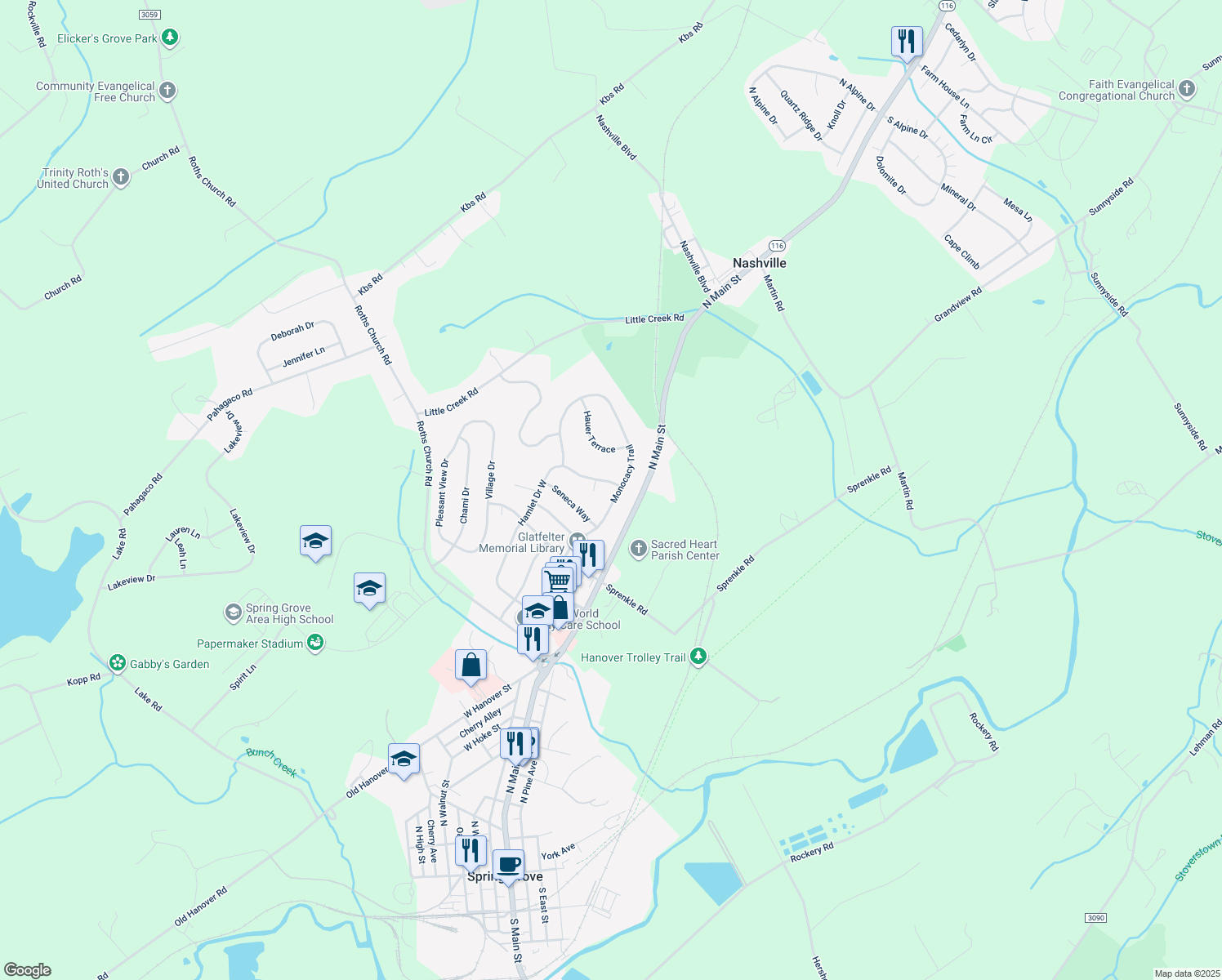 map of restaurants, bars, coffee shops, grocery stores, and more near 523 Hamlet Drive West in Spring Grove