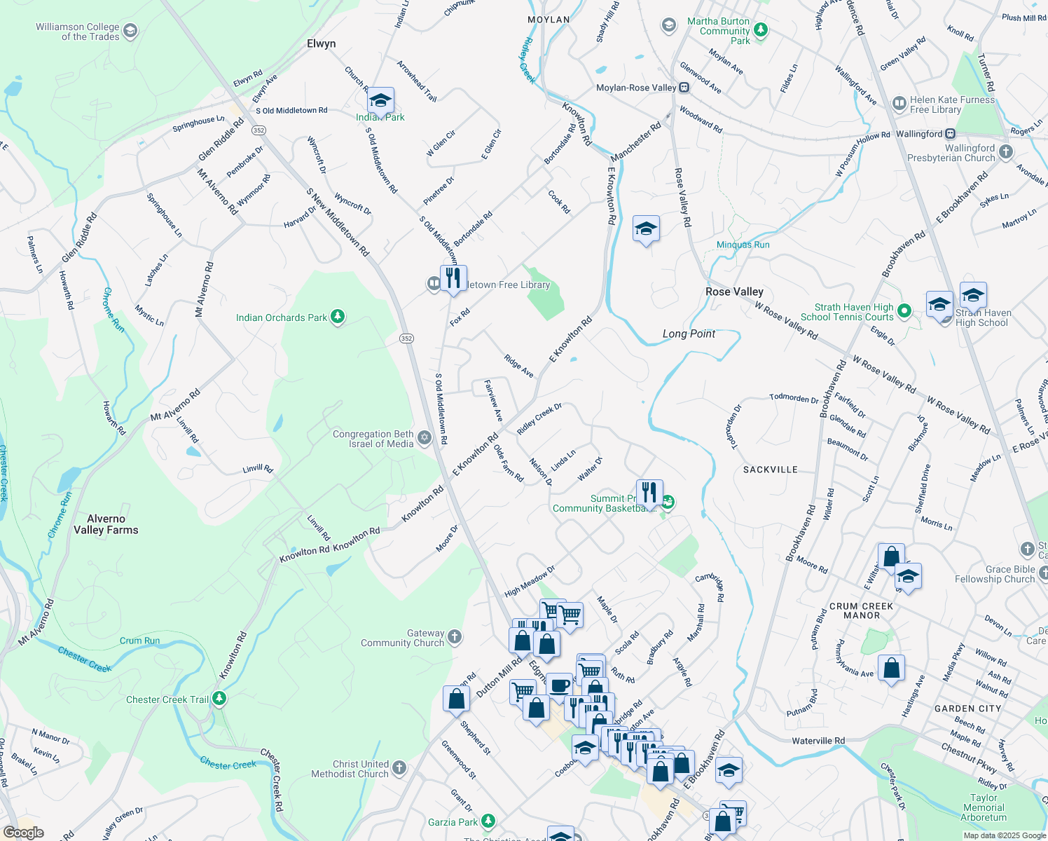 map of restaurants, bars, coffee shops, grocery stores, and more near 927 Ridley Creek Drive in Media