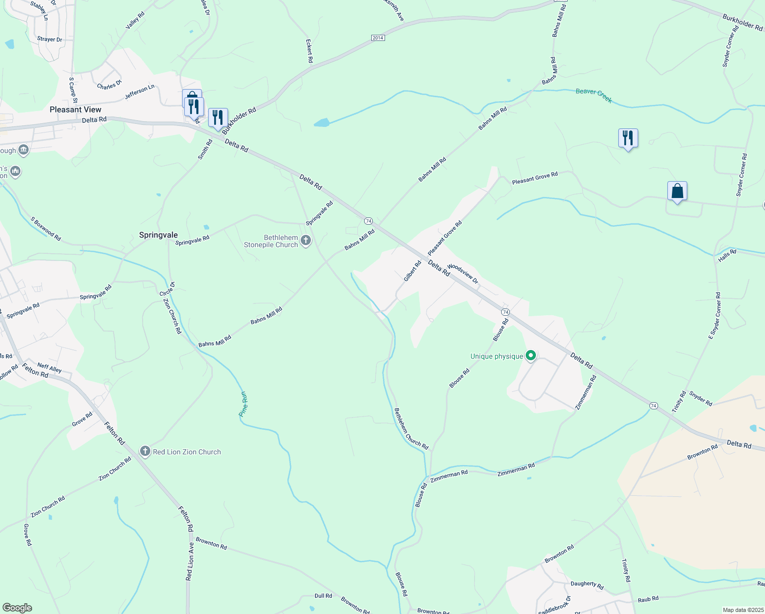 map of restaurants, bars, coffee shops, grocery stores, and more near 20 Gilbert Road in Red Lion