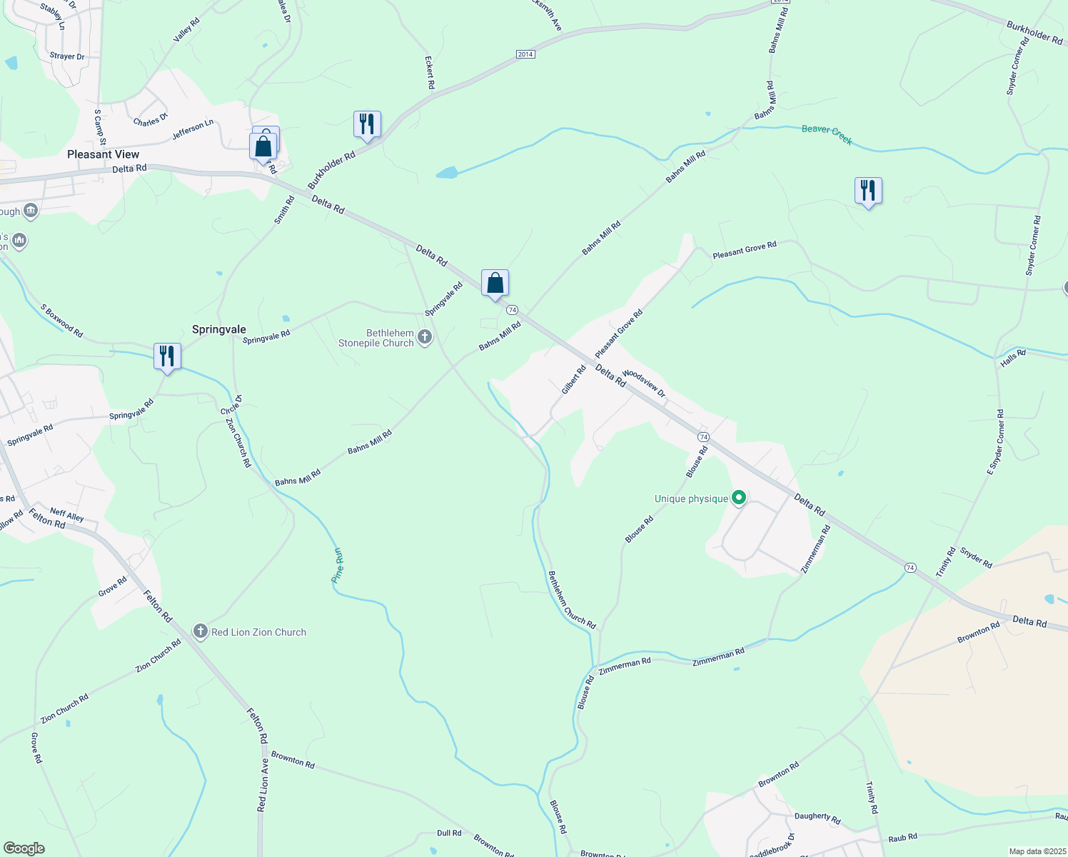 map of restaurants, bars, coffee shops, grocery stores, and more near 20 Gilbert Road in Red Lion