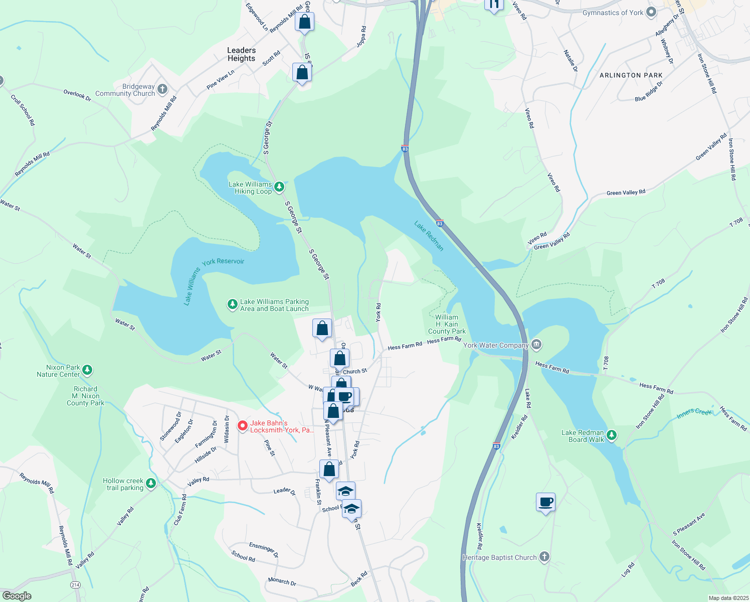 map of restaurants, bars, coffee shops, grocery stores, and more near 95 East Branch Drive in Jacobus