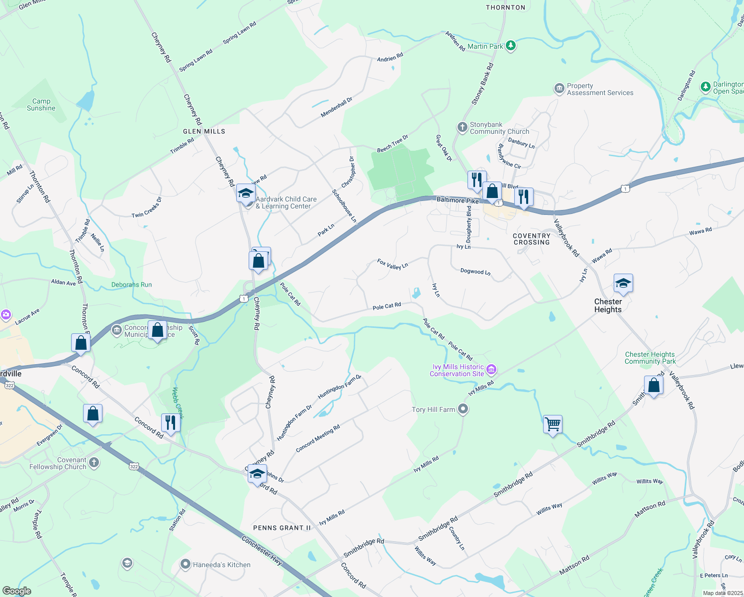 map of restaurants, bars, coffee shops, grocery stores, and more near 132 Fox Valley Lane in Glen Mills