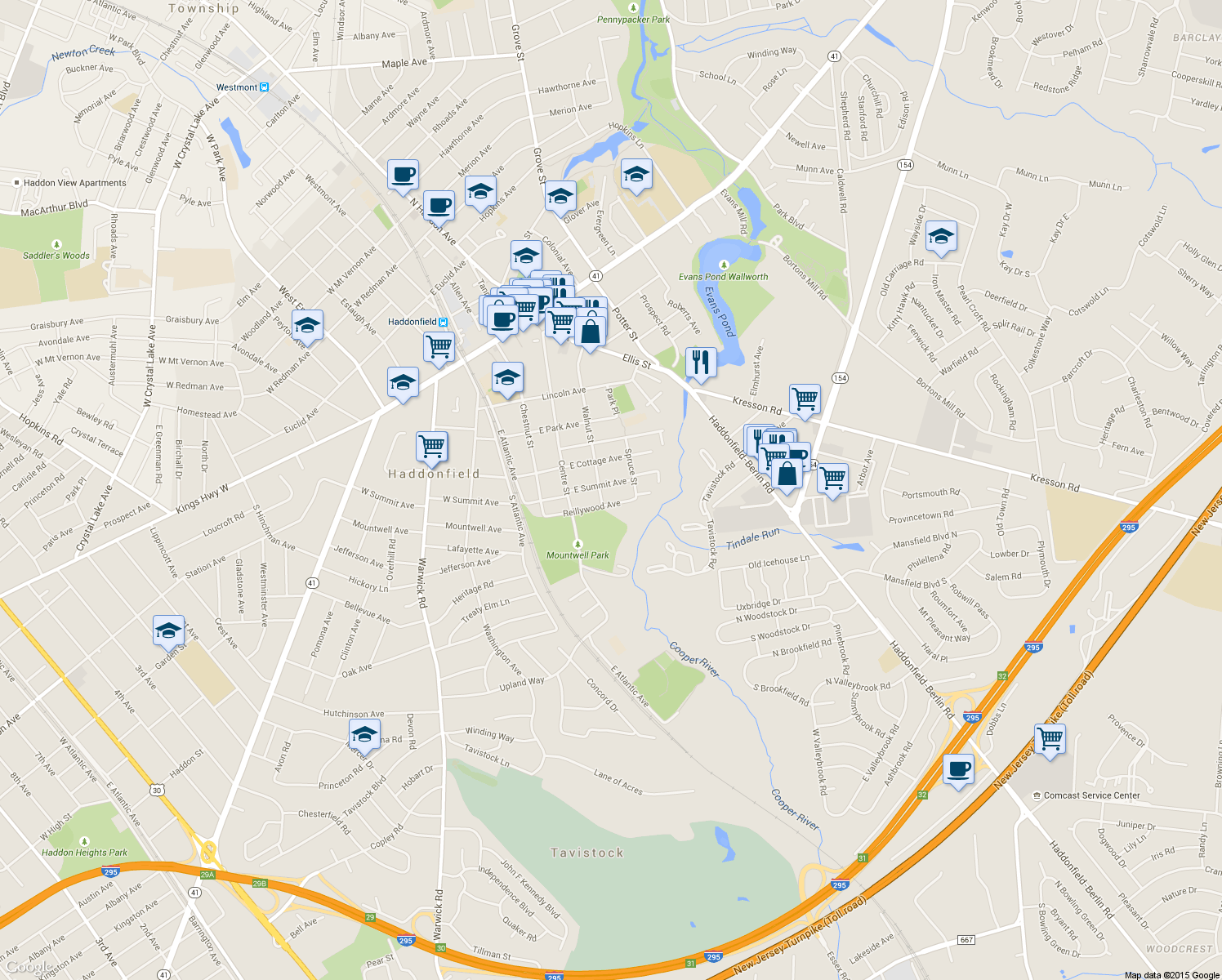 map of restaurants, bars, coffee shops, grocery stores, and more near 308 East Summit Avenue in Haddonfield